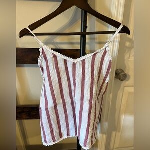 Chic Striped Camisole with Lace Detail & Bottoms, Linen, PJ Set